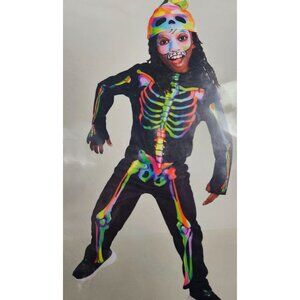 Kids M (8) Glow-In-The-Dark Color Melt Skeleton Costume Jumpsuit With Beanie